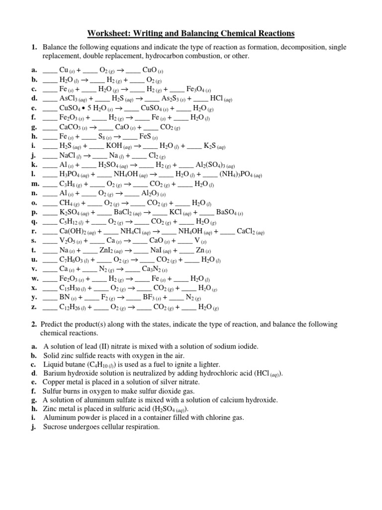 Worksheet - Balancing Chemical Equations With Type of Reaction | PDF