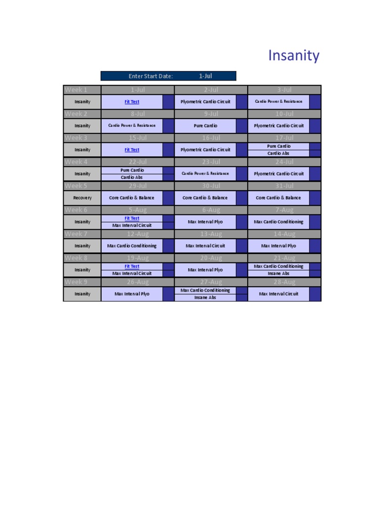 INSANITY Workout Calendar PDF
