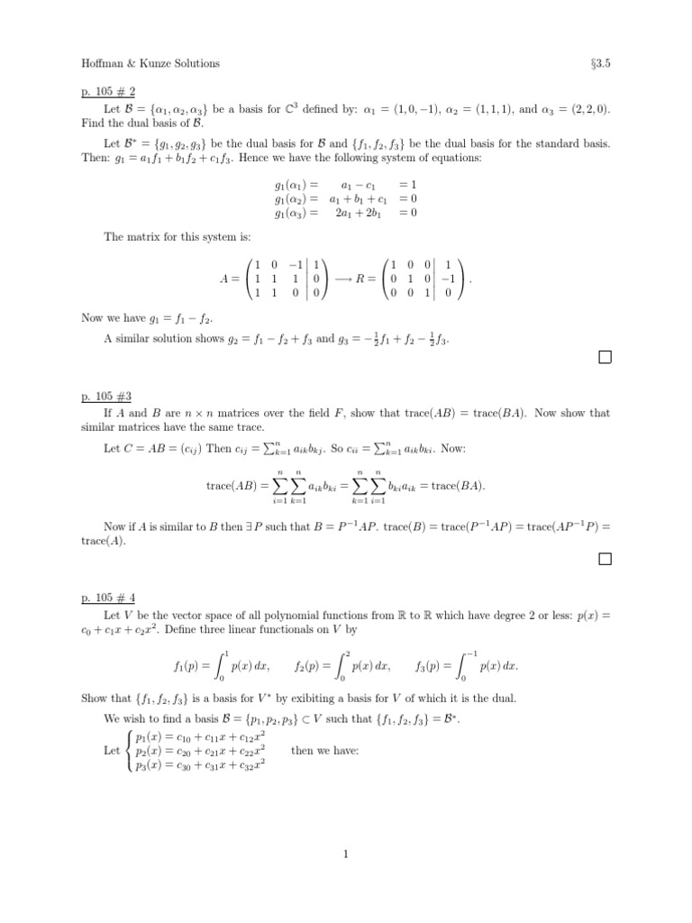 Hoffman Kunze, Linear Algebra Chapter 3.5 - 3.7 Solutions | Basis (Linear  Algebra) | Operator (Mathematics)
