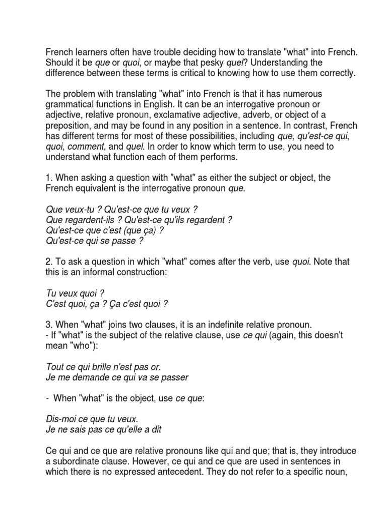 Ce Qui And Ce Que Are Relative Pronouns Like Qui And Que Pronoun Syntax