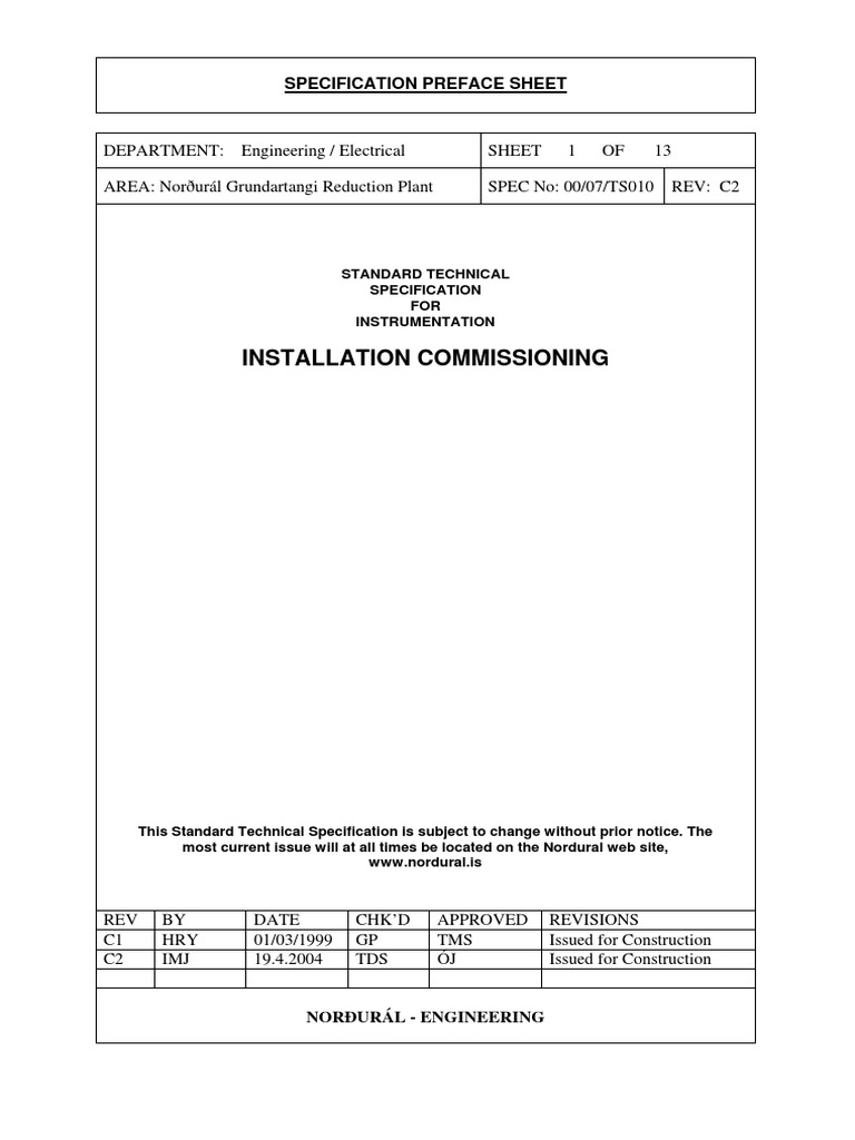 Instrument Commissioning Checklist Specification (Technical Standard
