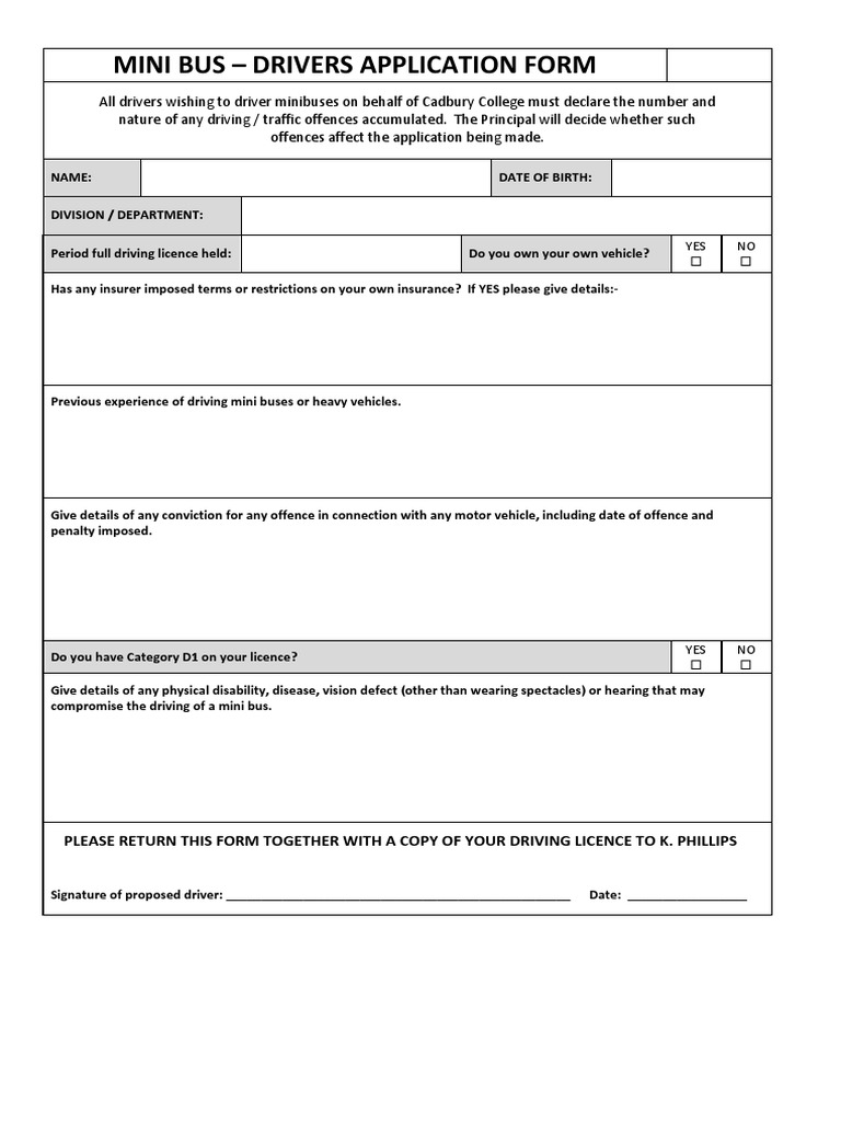 Mini Bus - Drivers Application Form: Please Return This Form Together ...