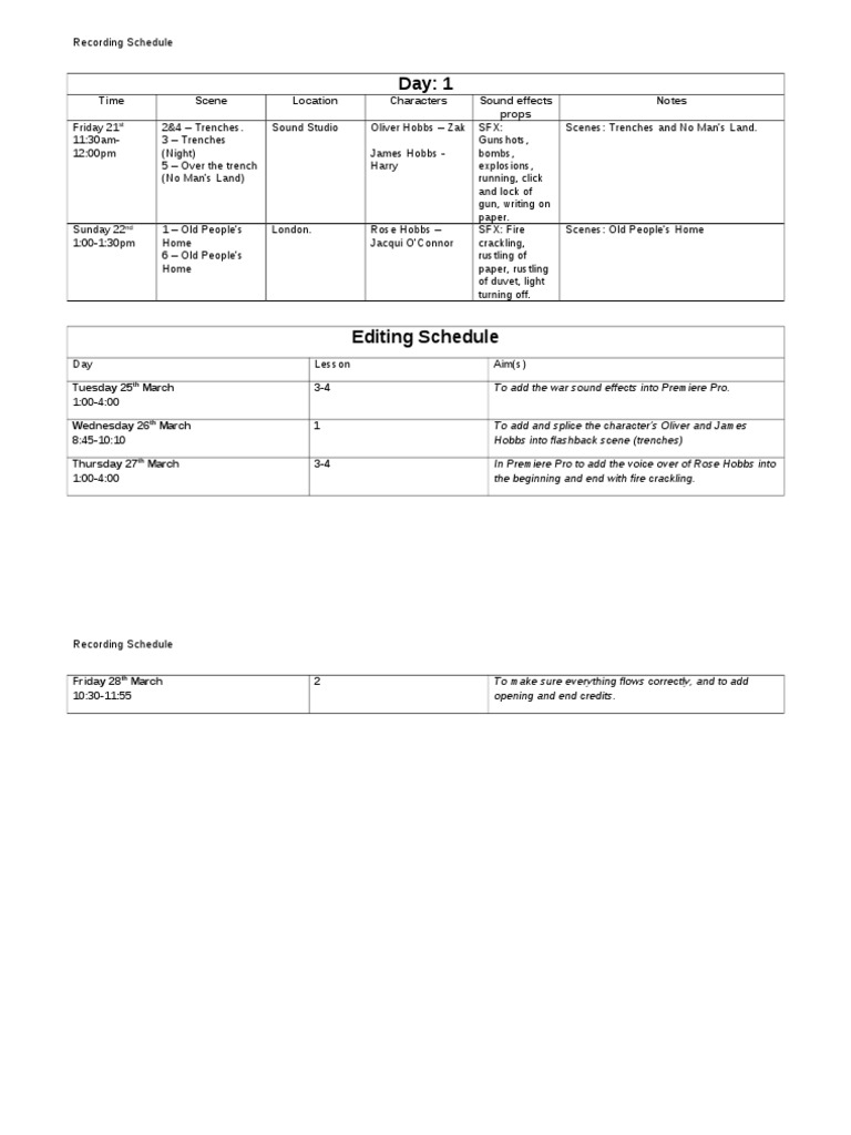 Recording and Editing Schedule for Film | PDF
