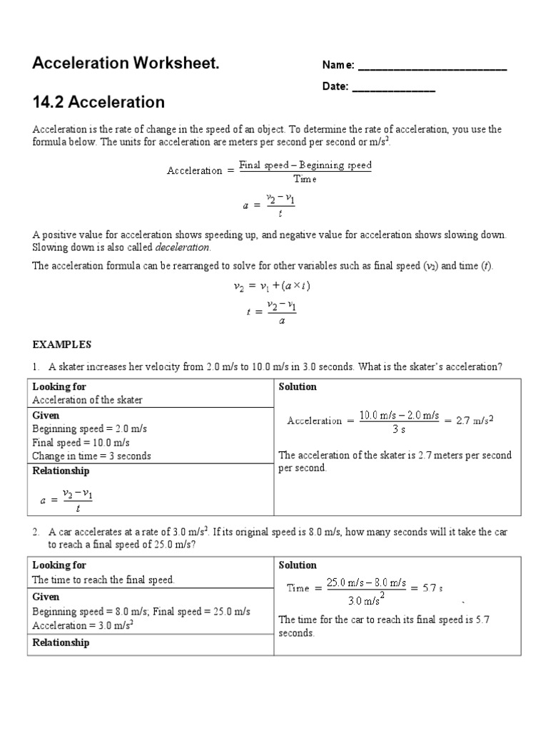 Acceleration Worksheet  PDF   Acceleration  Speed With Acceleration Worksheet With Answers