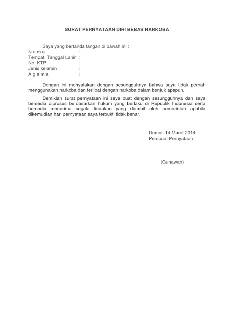 Surat Pernyataan Diri Bebas Narkoba Docx