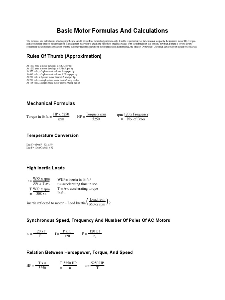 Motor Calculations and Formulas Guide | PDF | Horsepower | Engines