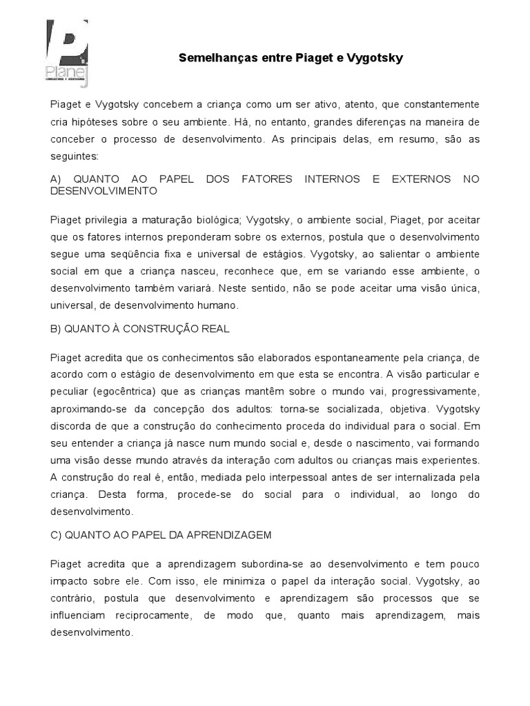 Piaget vs Vygotsky: Teorias de Desenvolvimento | PDF | Pensamento ...