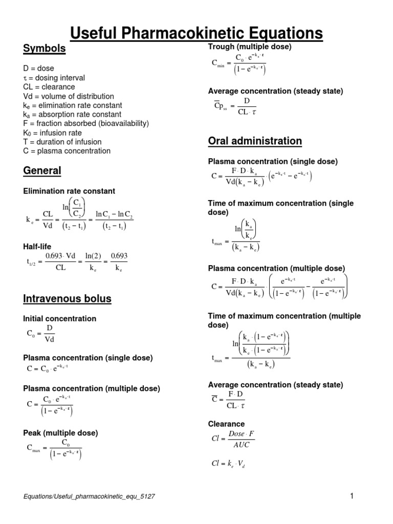 Essential Pharmacokinetic Equations | PDF | Renal Function ...