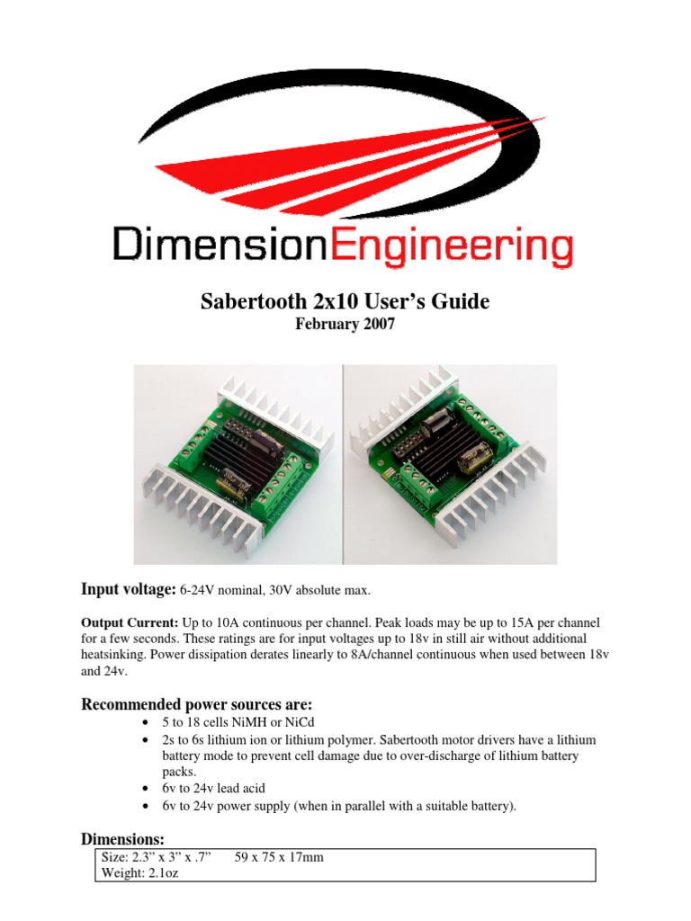Sabertooth 2x10 Motor Driver Guide | PDF | Battery (Electricity ...