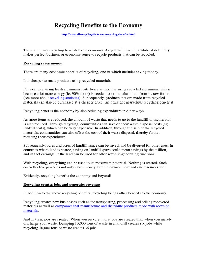 Recycling Benefits To The Economy | PDF | Recycling | Employment