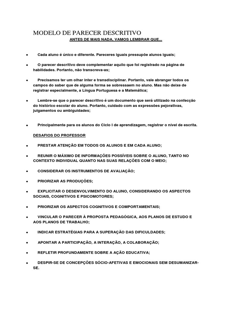 Modelo de Parecer Descritivo
