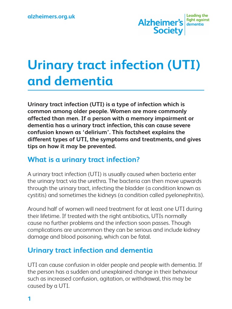 Urinary Tract Infection UTI and Dementia Factsheet Urinary Tract