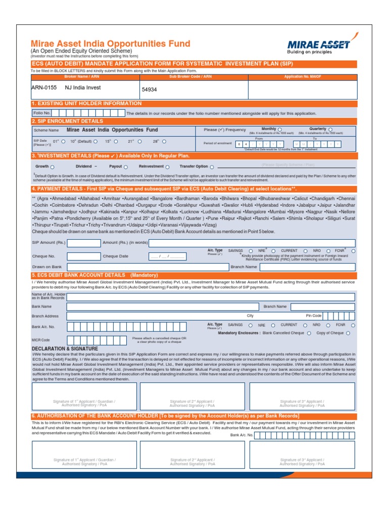 Mirae Asset SIP ECS Mandate Form | PDF | Cheque | Dividend