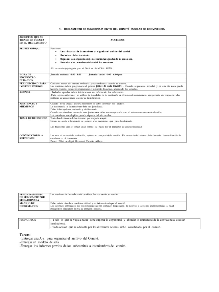 Reglamento de Funcionam Iento Del Comité Escolar de Convivencia | PDF ...