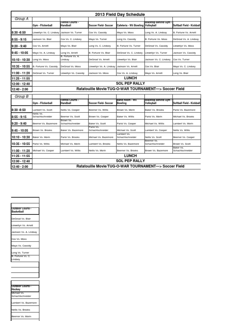 2013 Field Day Schedule and Assignments | PDF | Games Of Physical Skill ...