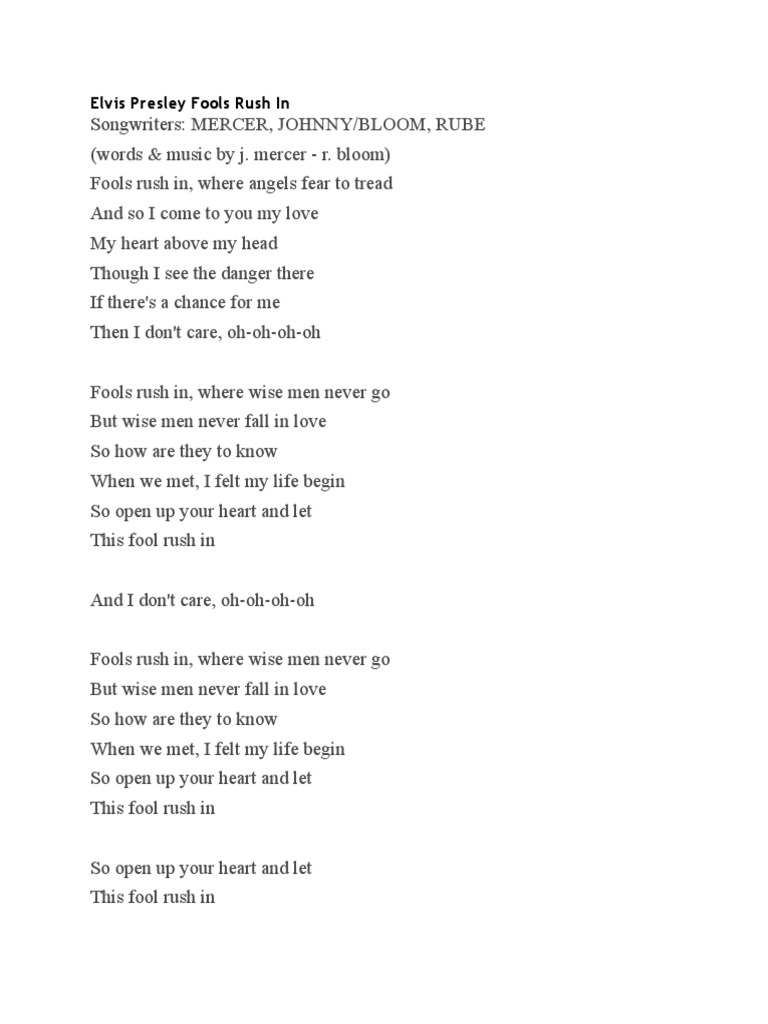 Elvis Presley Fools Rush In American Music Articles