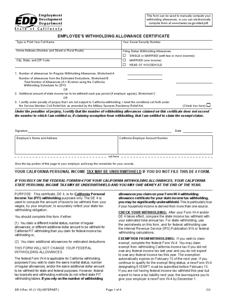 worksheet Allowance Worksheet ca de 4 withholding tax