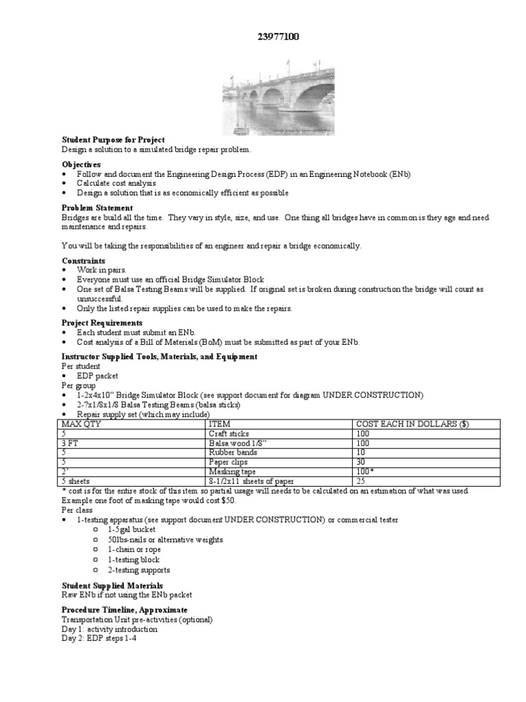 Bridge Repair Design Brief Engineering Technology