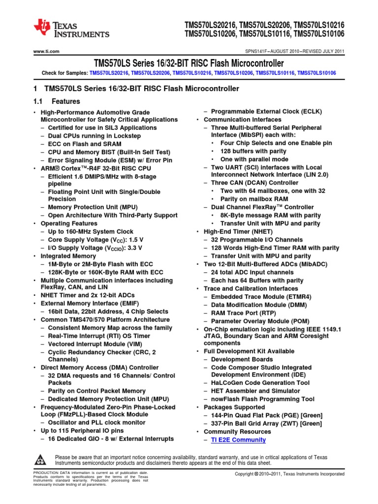 TMS570LS Series 16/32-BIT RISC Flash Microcontroller | PDF ...