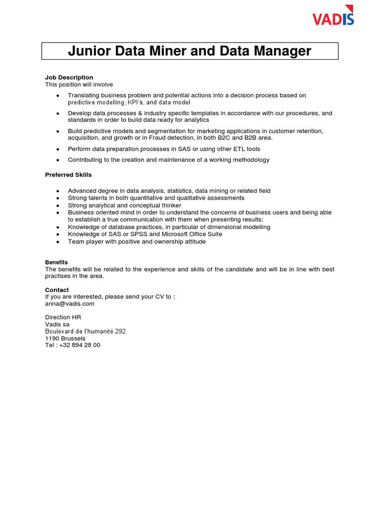 Junior Data Miner and Data Manager: Job Description | PDF