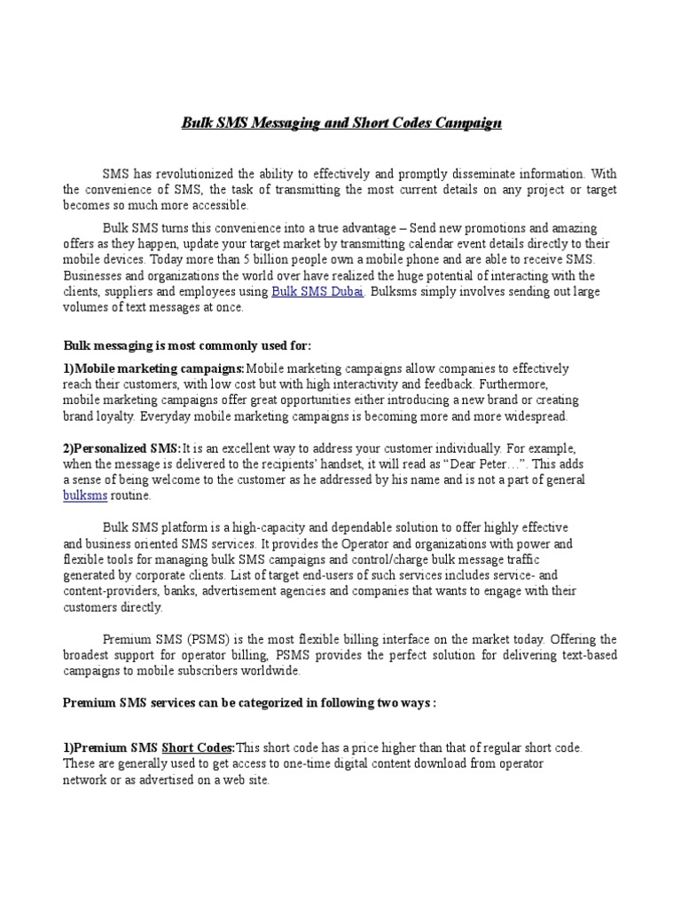 Bulk SMS Messaging and Short Code Campaign PDF Short Message