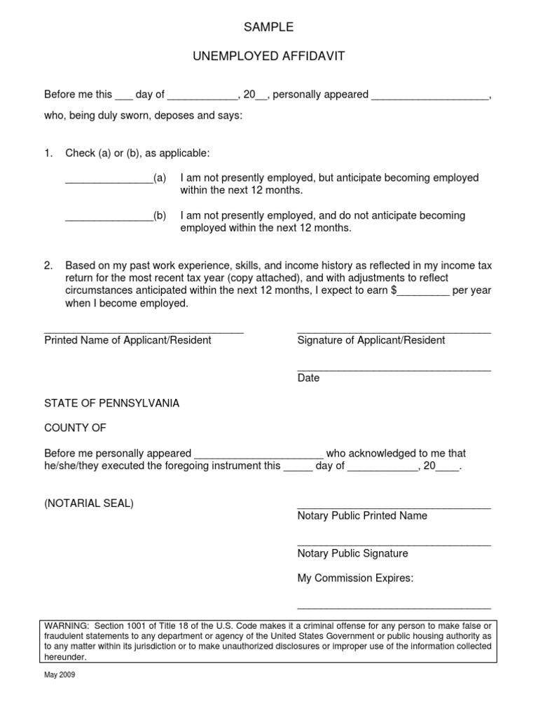 Sample Unemployed Affidavit | PDF | Notary Public | Common Law