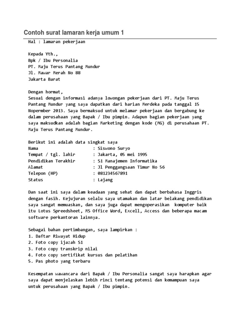Contoh Surat Lamaran Kerja Umum Terbaru - Berbagi Contoh Surat