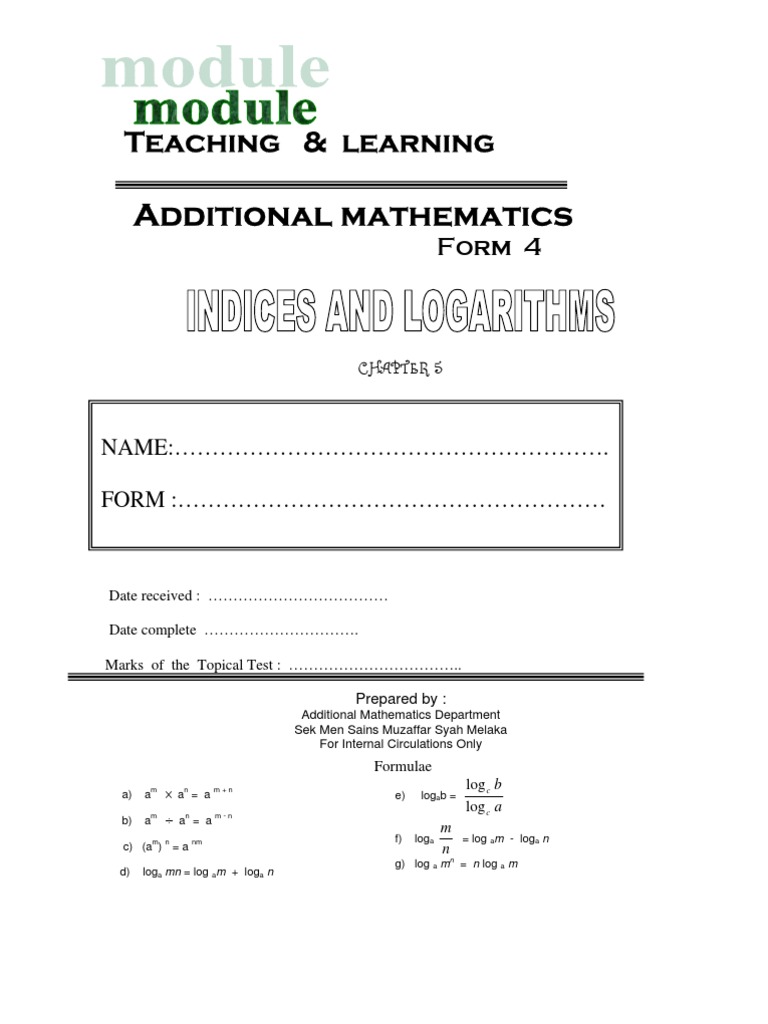 Indices and Logarithms for Form 4 | PDF | Special Functions | Logarithm