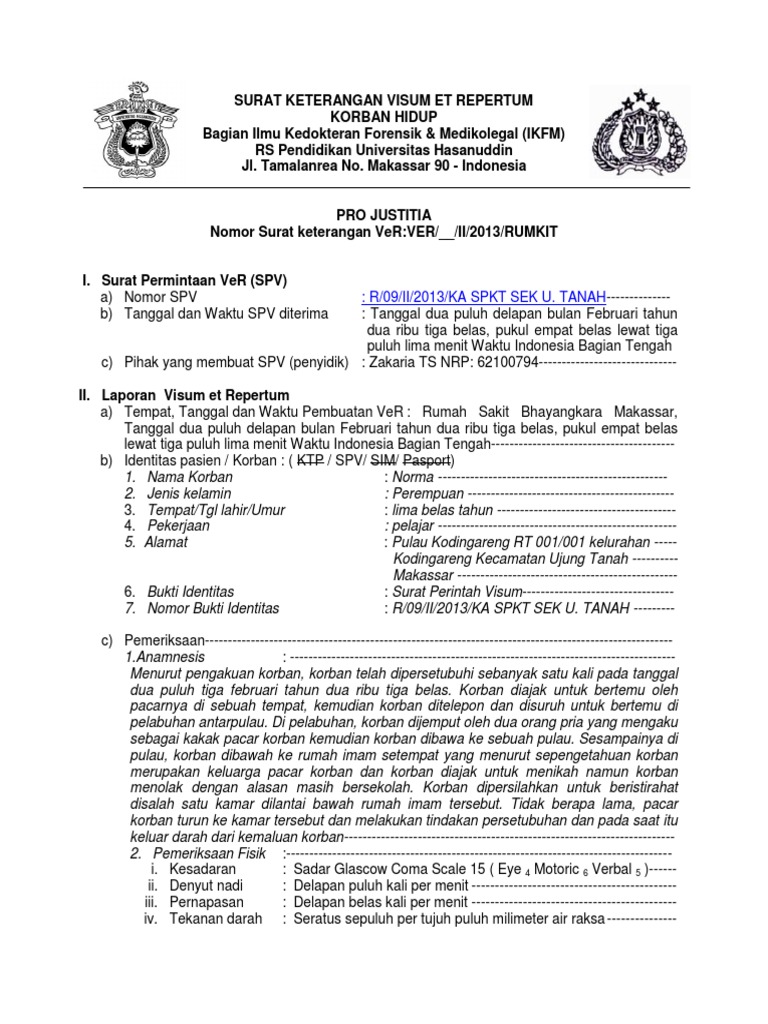 Surat Keterangan Visum Et Repertum Format Unhas Korban Hidup