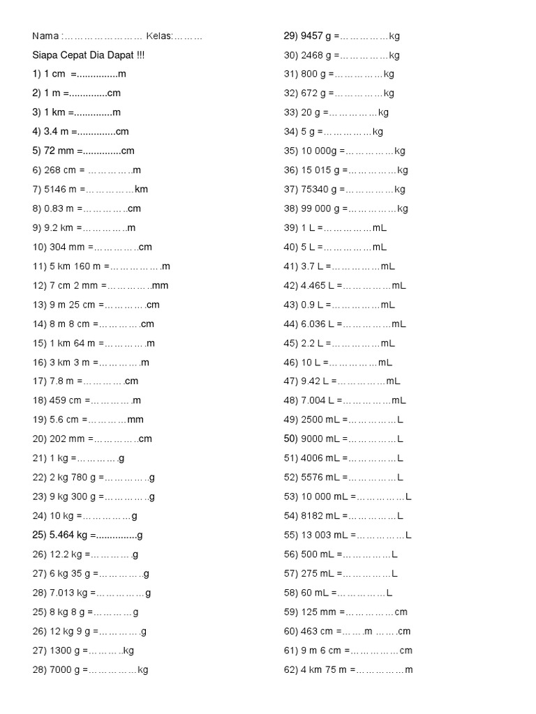 Latih Tubi Matematik Ukuran Panjang Berat Dan Cecair Pdf