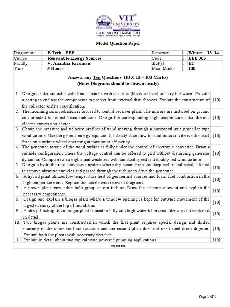 B.Tech EEE Renewable Energy Exam | PDF | Science & Mathematics | Computers