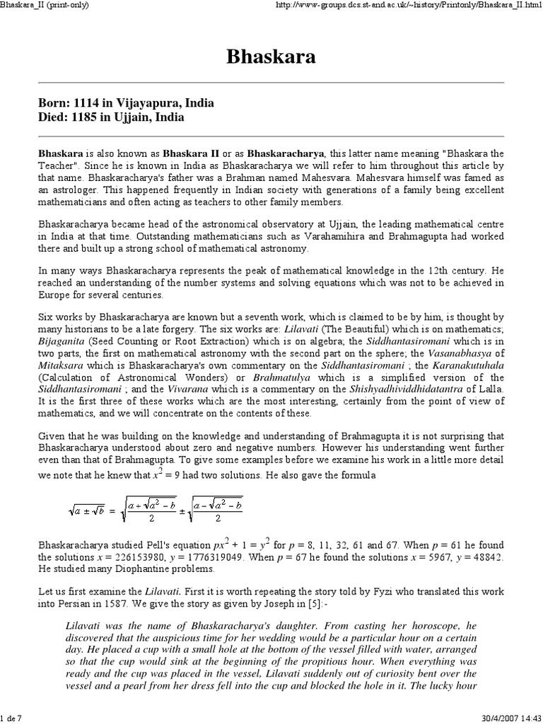 Bhaskara II Mathematical Objects Physics & Mathematics