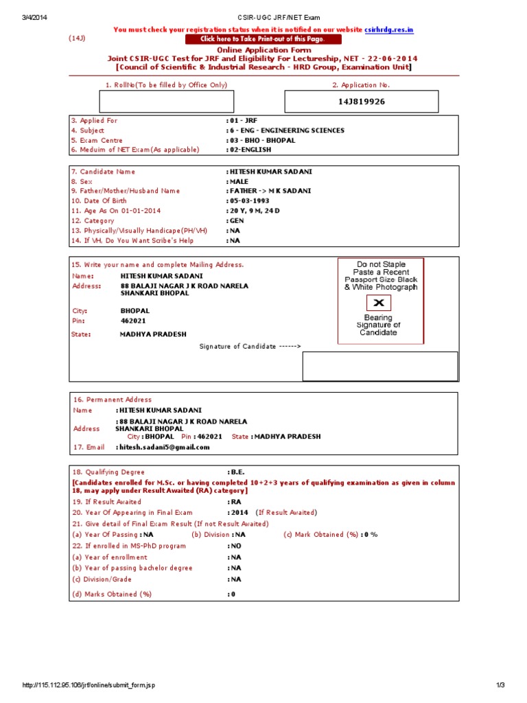 CSIR-UGC NET JRF Application Details | PDF | Qualifications