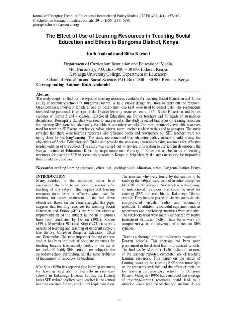 The Effect Of Use Of Learning Resources Pdf Teachers Secondary School