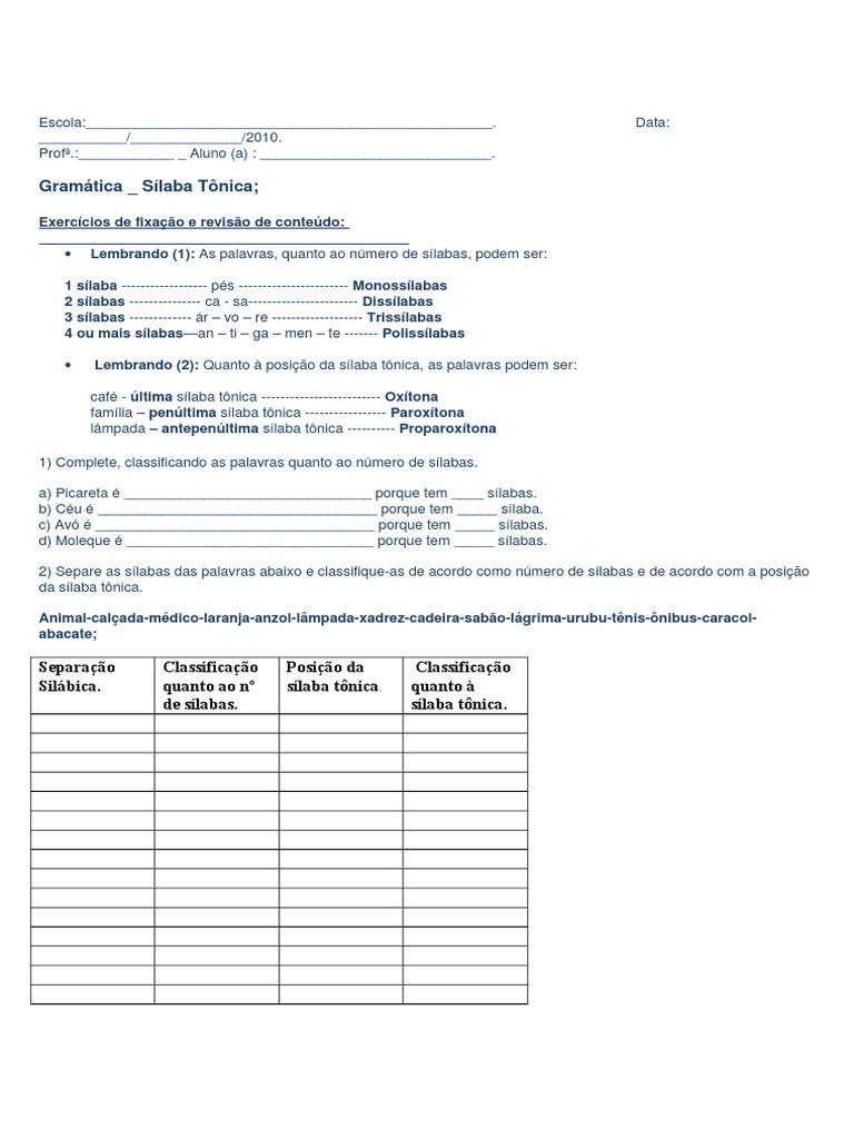 Atividade Com Silaba Tonica Para 4 Ano