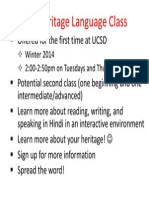 Hindi Heritage Language Class: Winter 2014 2:00-2:50pm On Tuesdays and Thursdays