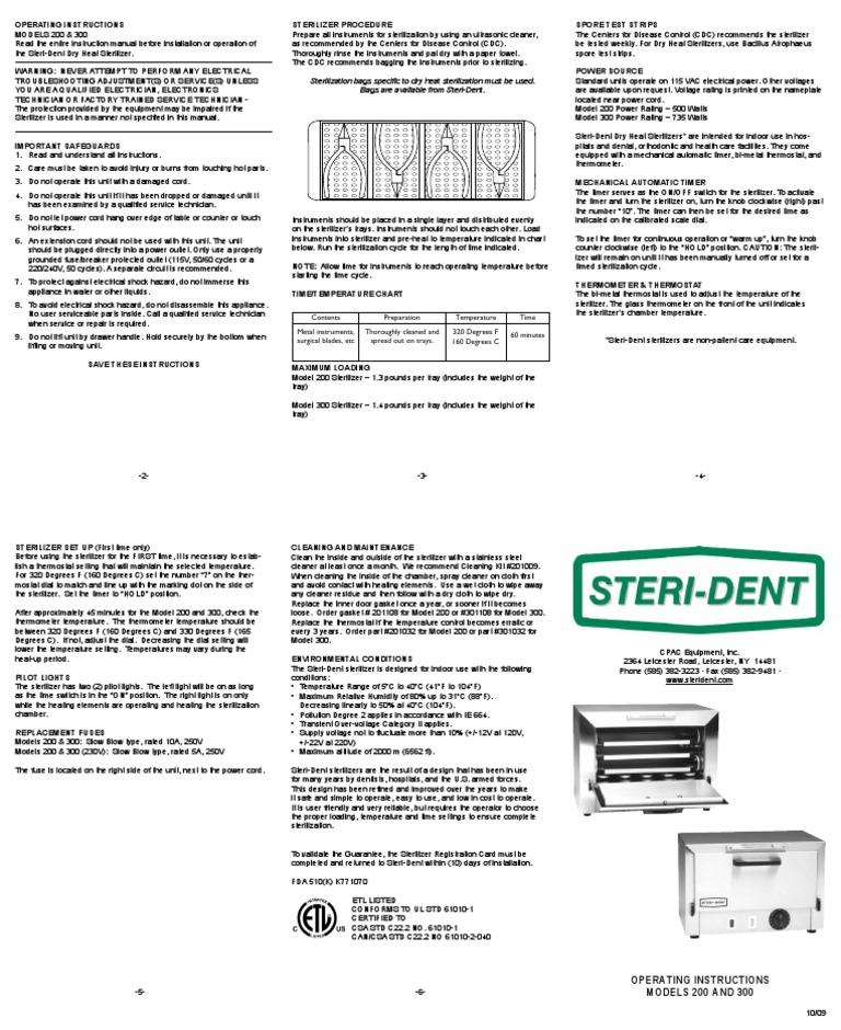 Sterident 200-300 Manual | PDF | Thermostat | Sterilization (Microbiology)