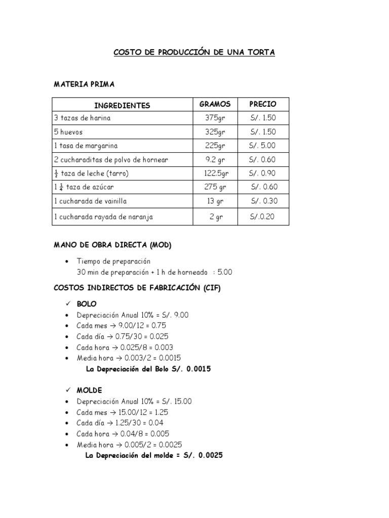 Cálculo de Costos para Tortas | PDF | Cocina, comidas y vino | Salud y ...