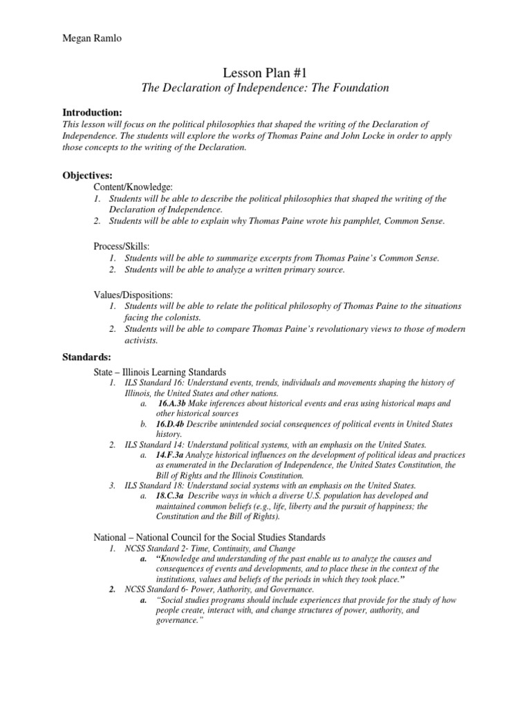 lesson plan 1 5e Thomas Paine United States Declaration Of Independence