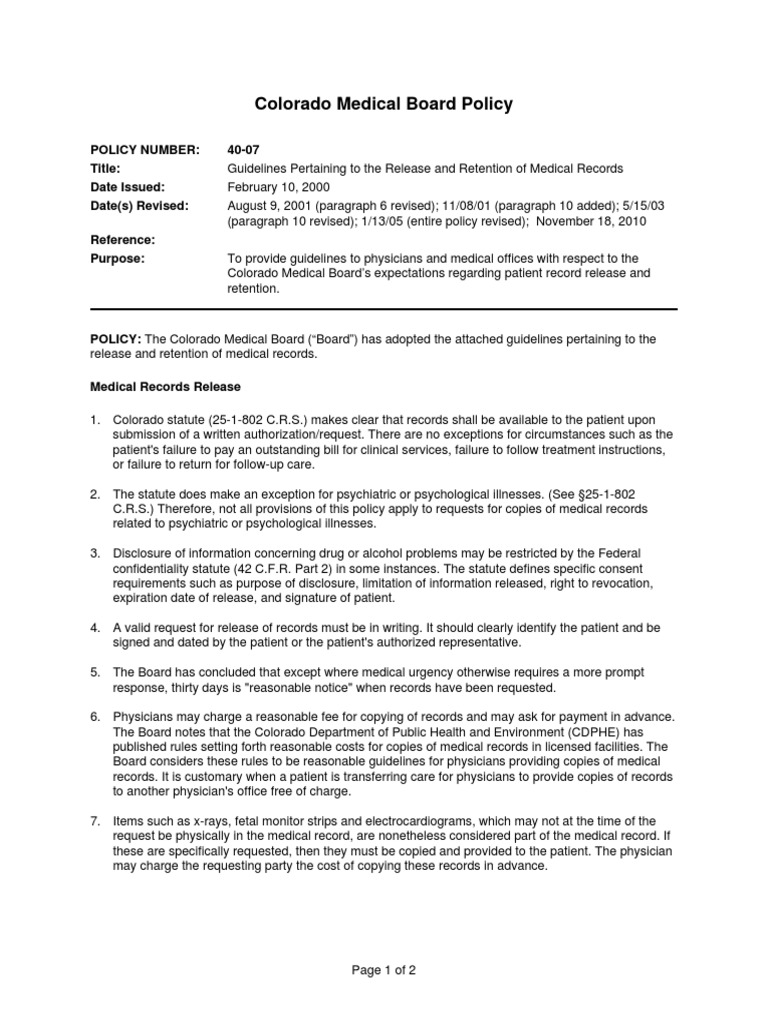 Colorado medical board policy guidelines pertaining to the release and