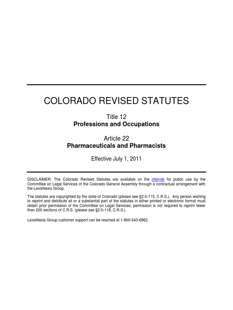 Colorado Revised Statutes (CRS 12 12) Medical Prescription Pharmacy