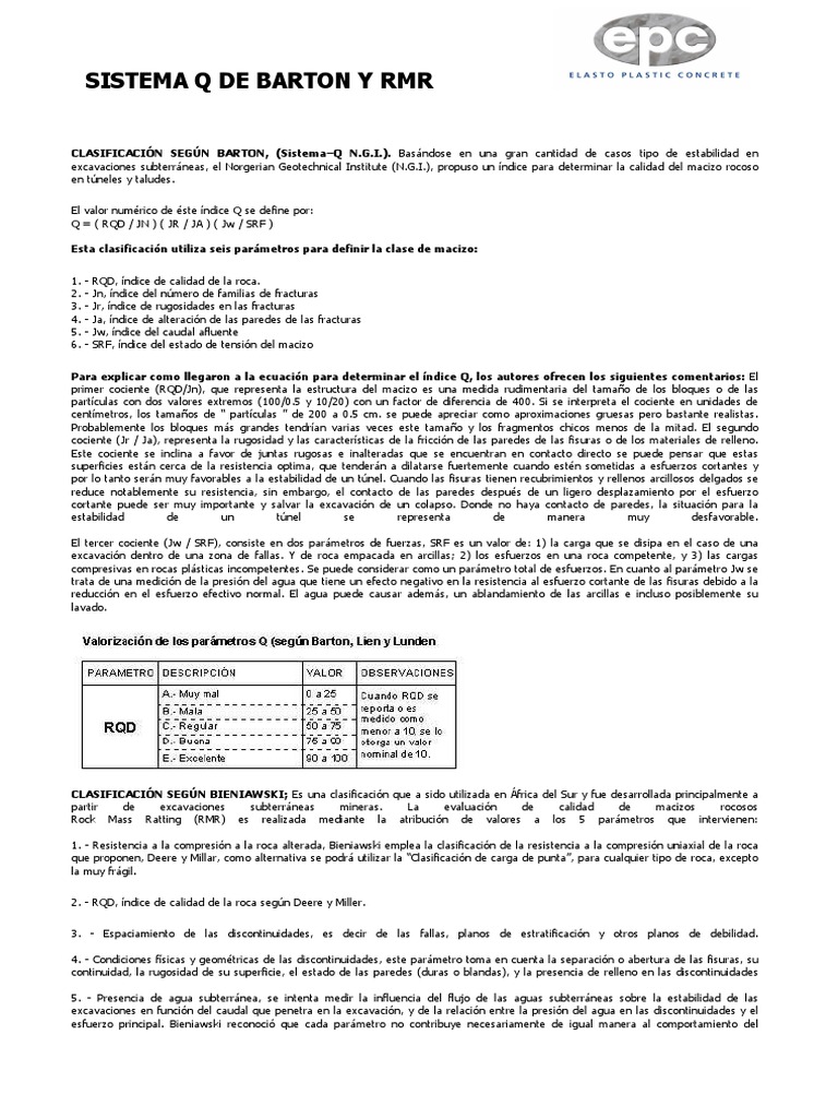 Sistema Q Barton y RMR | PDF | Túnel | Excavación (Arqueología)
