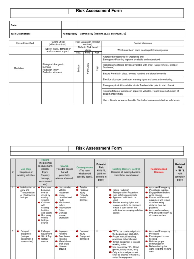 TASK RISK ASSESSMENT FOR RADIOGRAPHY Ionizing Radiation Safety