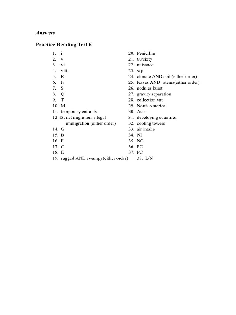 Ielts Reading Test Answers 6