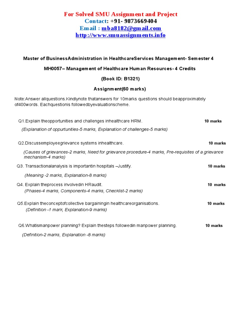 AssignmentQP MBA Management of Healthcare Human Resources MH0057 ...
