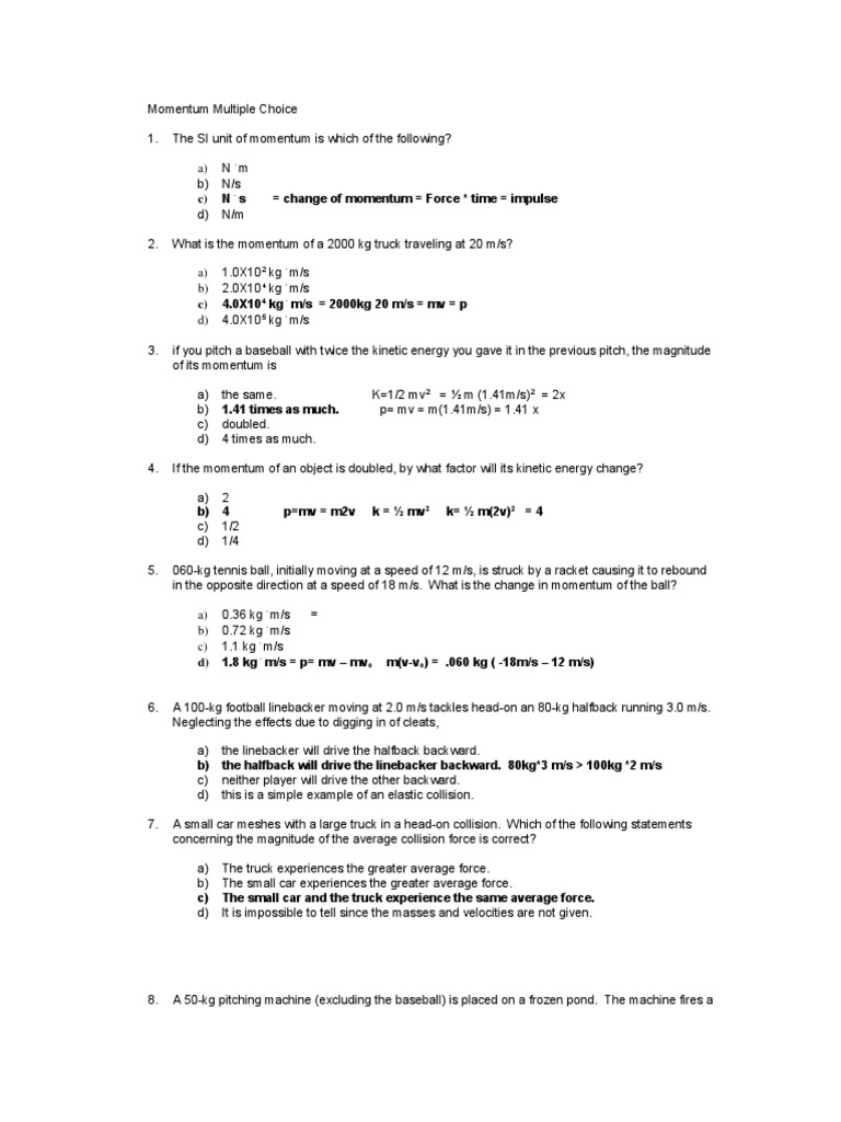 Physics Momentum Quiz | PDF | Momentum | Kinetic Energy