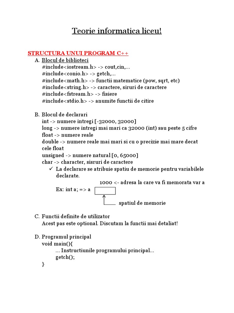 Teorie Informatica Liceu 1 | PDF