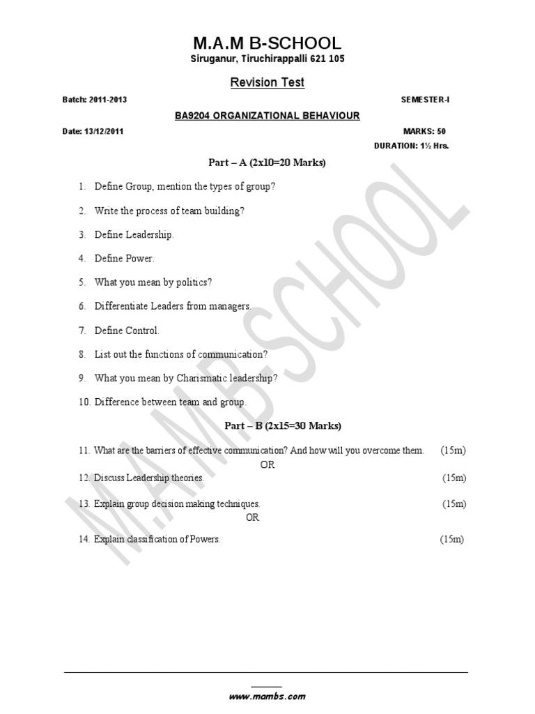 M.A.M B-School: Revision Test | PDF | Career & Growth | Business