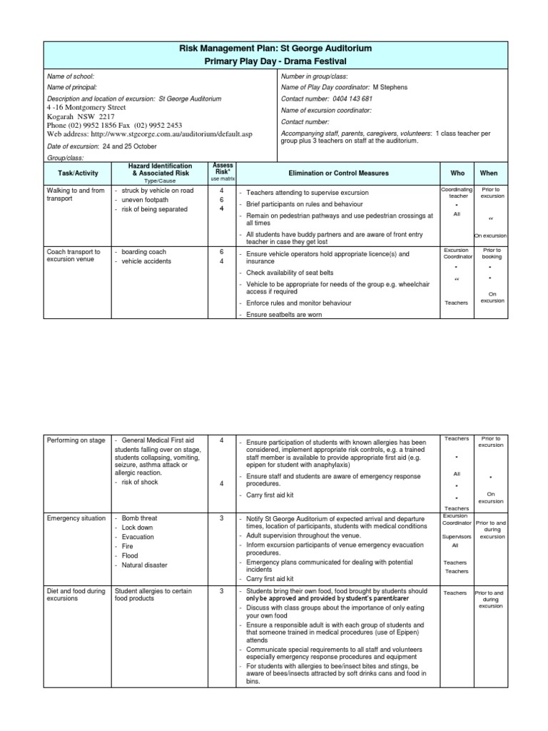 Risk Management for Drama Festival Excursion | PDF | Emergency | Safety
