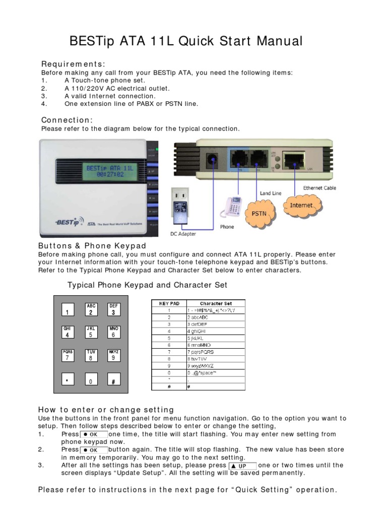 BESTip ATA 11L Setup Guide | PDF | Ip Address | Telephone